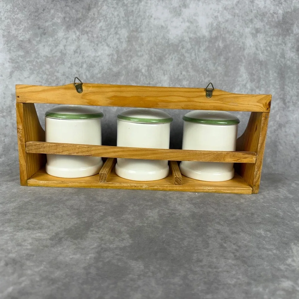 Vtg Casdia Ceramic Cow Canister Set 4Pc Wood Hanging Rack Coffee Sugar Tea Farm